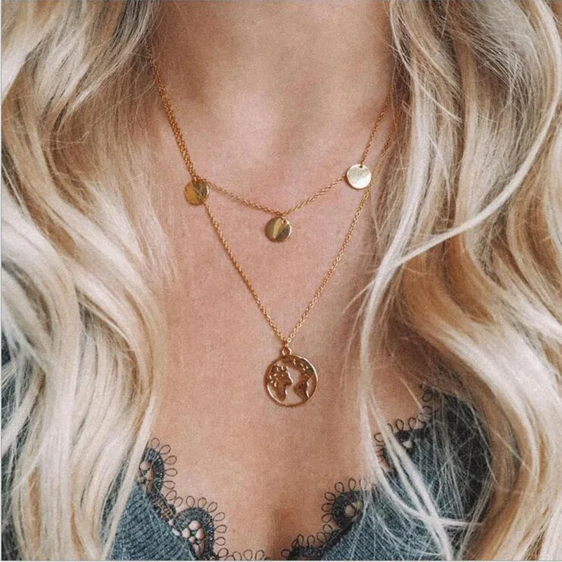 Summer Bohemia Accessories Retro Gold Silver Chain Necklace Geometric Hollow World Map Round Pendant Multilayer Necklace
Summer Bohemia Accessories Retro Gold Silver Chain Necklace Geometric Hollow World Map Round Pendant Multilayer Necklace