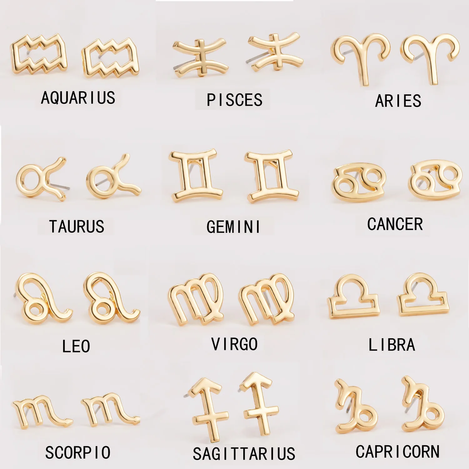 European And American Horoscope Stud Earrings Alloy Gold Plated Jewelry Earrings, Golden
European And American Horoscope Stud Earrings Alloy Gold Plated Jewelry Earrings, Golden