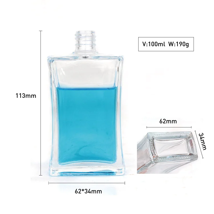 Custom Empty 100ml clear square refillable perfume oil glass spray bottle with sprayer