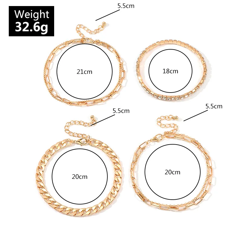 fashion anklet chains jewelry women gold plated rhinestone anklets set layered cuban anklet