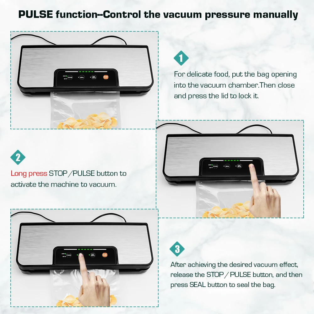 pulse vacuum function prevents over vacuuming and crushing of