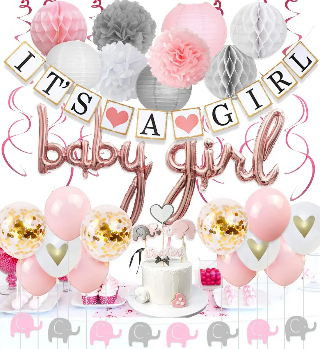 elephant balloon garland its a girl banner baby