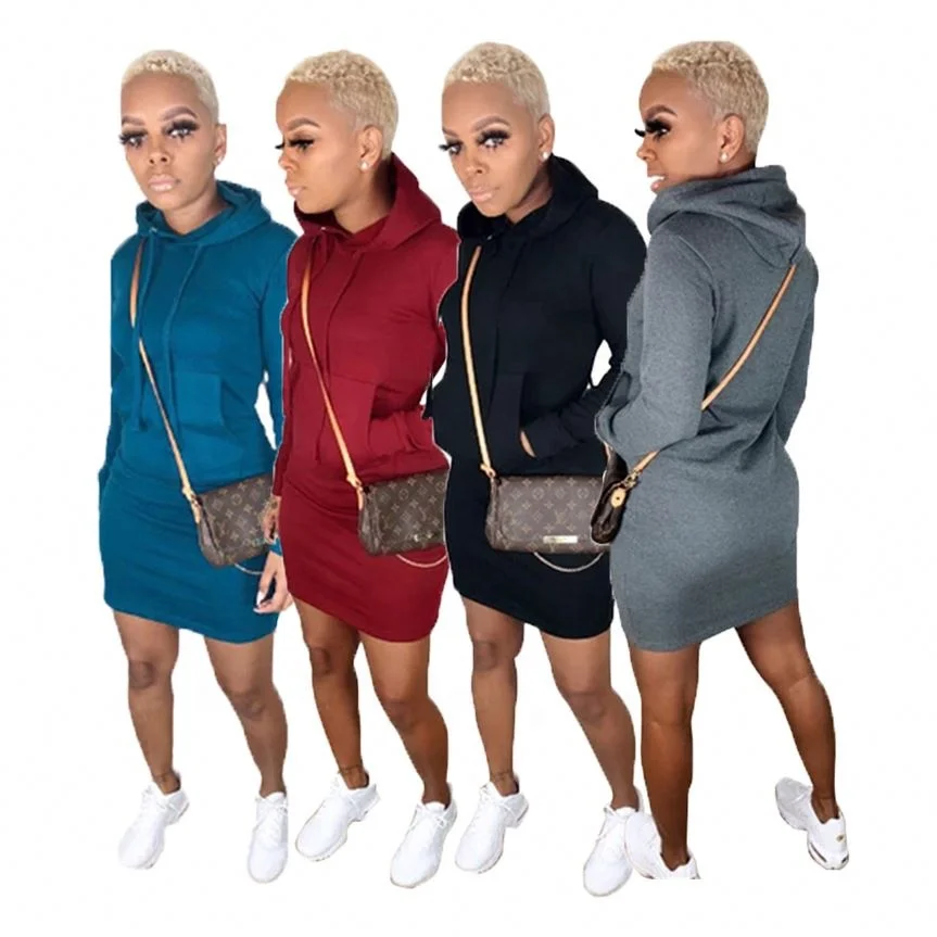 Spring women's short dress solid color autumn women's simple long sleeve hoodie dress with pockets
Spring women's short dress solid color autumn women's simple long sleeve hoodie dress with pockets