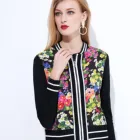 Winter Black Italian Printed Silk And Polyester Crew Neck Floral High Street Style Winter Coats
