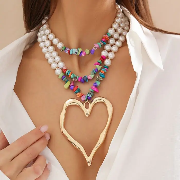 

Elegant Big Love Heart Pendant Choker Necklace for Women Multilayer Imitation Pearl turquoise beaded chain Jewelry punk Gift