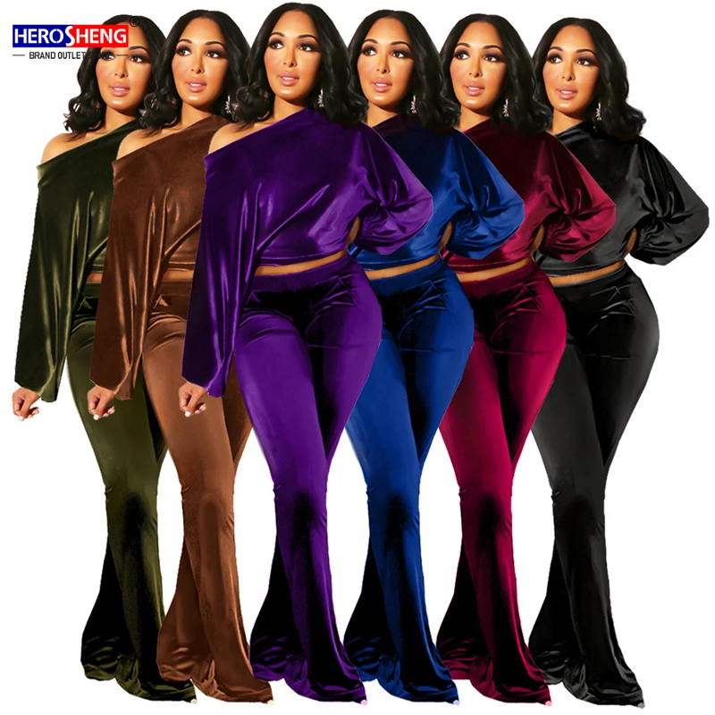 Hot sale Wholesale velvet fabric Women's Flannel Shoulder Lantern Sleeve Pocket Flared plus size pullover two piece pants set
Hot sale Wholesale velvet fabric Women's Flannel Shoulder Lantern Sleeve Pocket Flared plus size pullover two piece pants set