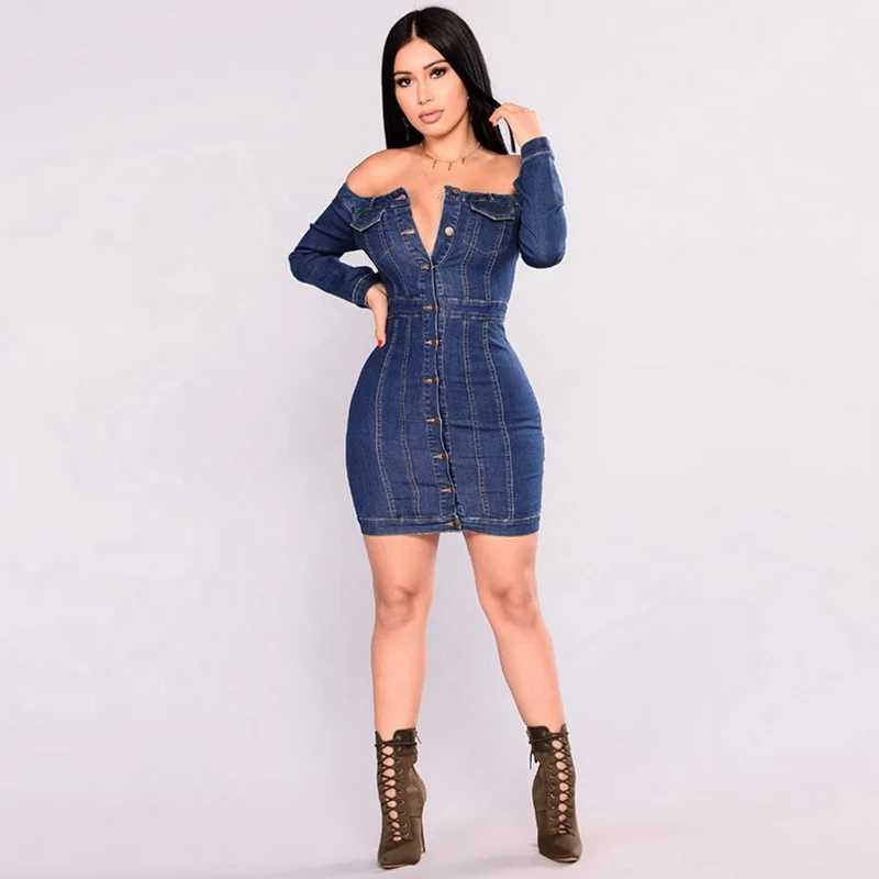 Sexy Summer Bodycon Off Shoulder Denim Club Short Dress Women Long Sleeve Button Hip Skirt, As picture 
Sexy Summer Bodycon Off Shoulder Denim Club Short Dress Women Long Sleeve Button Hip Skirt, As picture