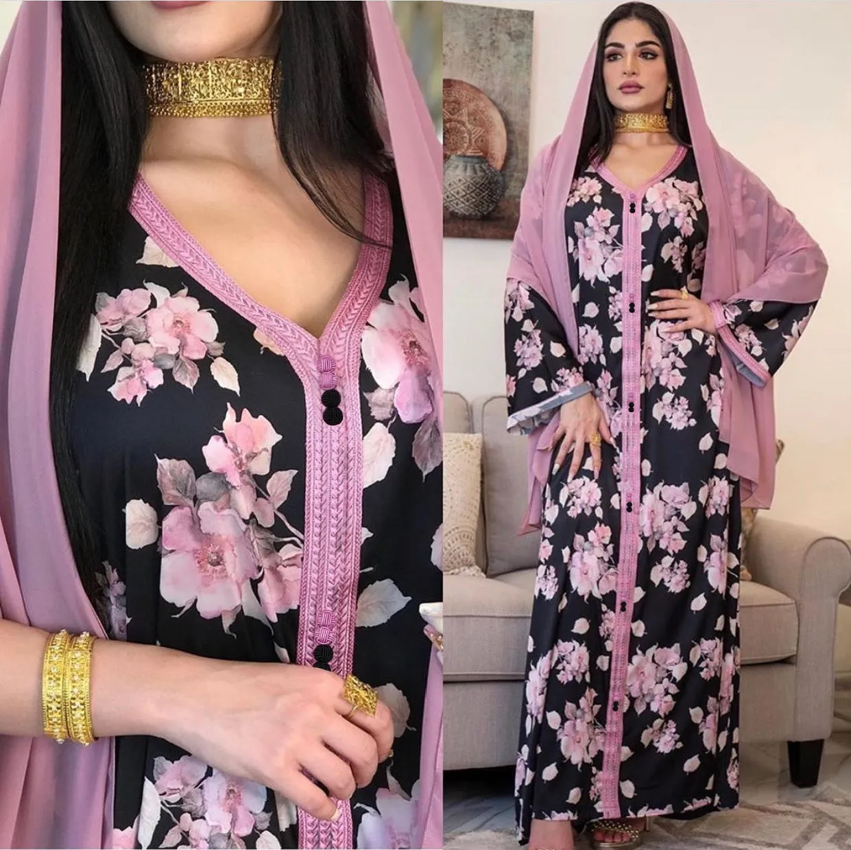 1458 MuslimQLO Muslim female arabic robe jalabiya wind middle east ramadan musilm clothing, Pink print on black
1458 MuslimQLO Muslim female arabic robe jalabiya wind middle east ramadan musilm clothing, Pink print on black