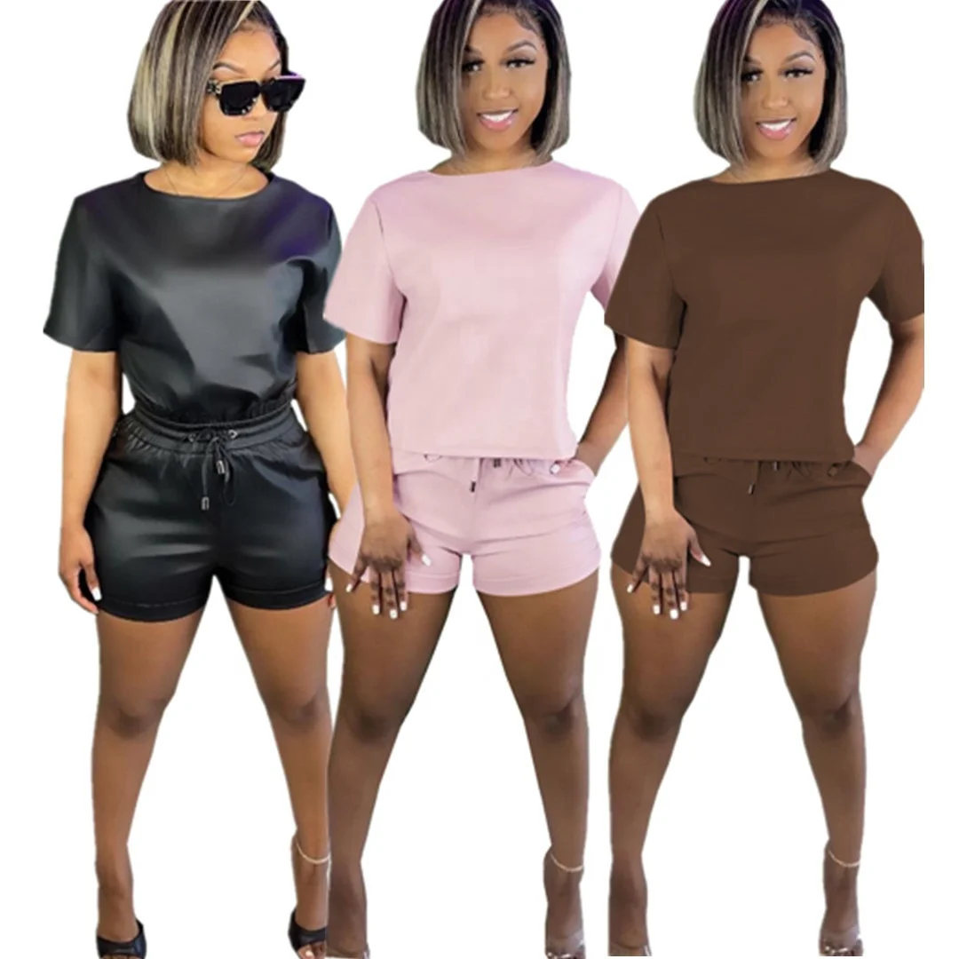 MT181-5056 2021 wholesale ladies summer casual shorts two piece sexy PU leather short sleeve set women clothing sets
MT181-5056 2021 wholesale ladies summer casual shorts two piece sexy PU leather short sleeve set women clothing sets