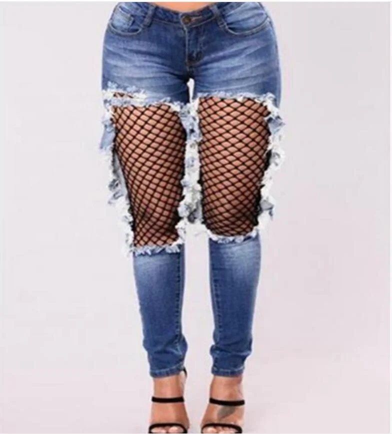 Ripped Jeans Fashion Fishnet Stitching Denim Trousers Jeans Women Clothing, Dark blue
Ripped Jeans Fashion Fishnet Stitching Denim Trousers Jeans Women Clothing, Dark blue