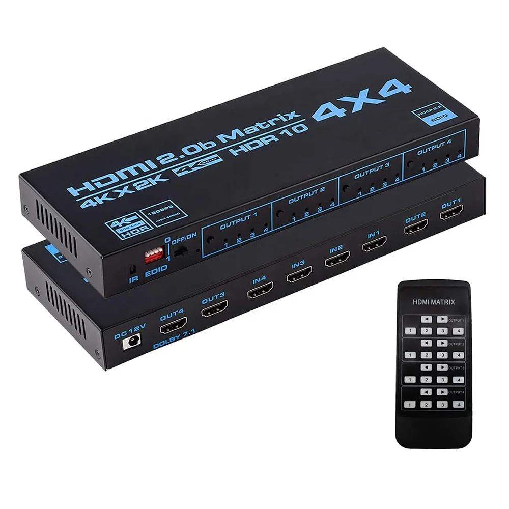 OZJ4 4K HDMI 2.0b Matrix Switch 4x4 Switcher Splitter 4 in 4 Out Box with EDID Extractor IR Remote Control Support 4K HDCP 2.2, Black
OZJ4 4K HDMI 2.0b Matrix Switch 4x4 Switcher Splitter 4 in 4 Out Box with EDID Extractor IR Remote Control Support 4K HDCP 2.2, Black