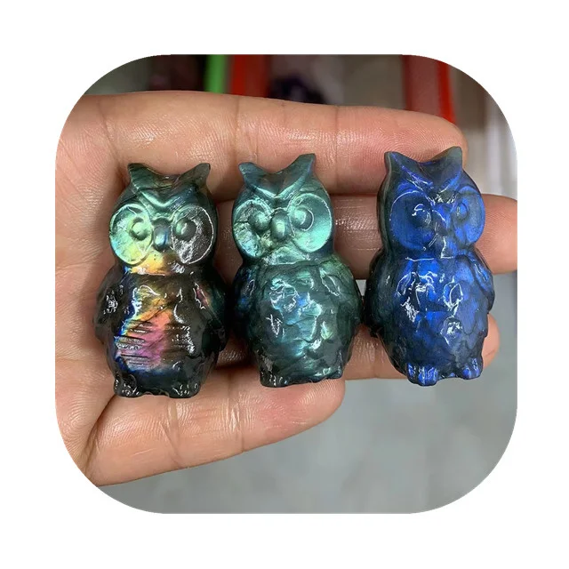 

Carving gemstone 40mm healing crystals crafts natur blue flash labradorite crystal owls figurines for gift