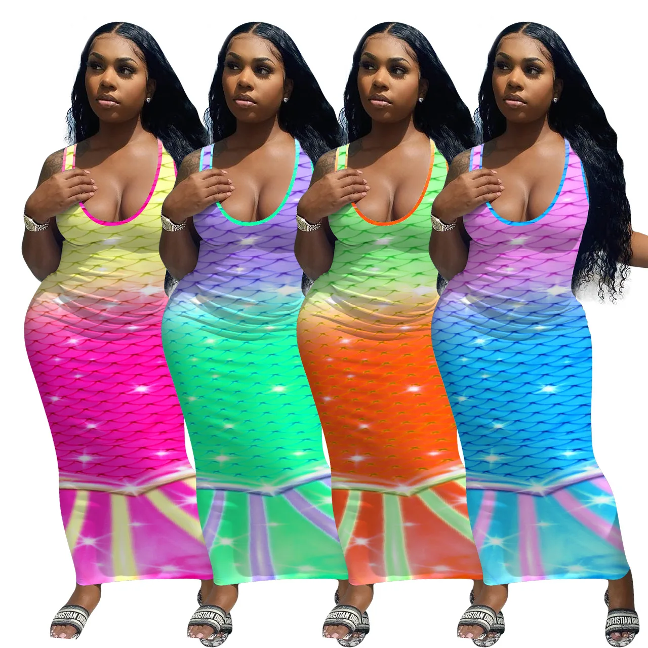ORNK232 2021sleeveless sexy long dresses women casual fish scales printing maxi dress, Yellow powder, green orange, purple green, pink blue
ORNK232 2021sleeveless sexy long dresses women casual fish scales printing maxi dress, Yellow powder, green orange, purple green, pink blue