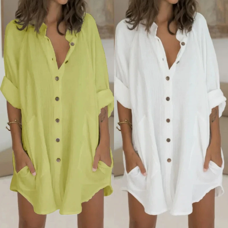 2021 European and American women's clothing cotton and linen breasted mid-length short-sleeved loose shirt women
2021 European and American women's clothing cotton and linen breasted mid-length short-sleeved loose shirt women