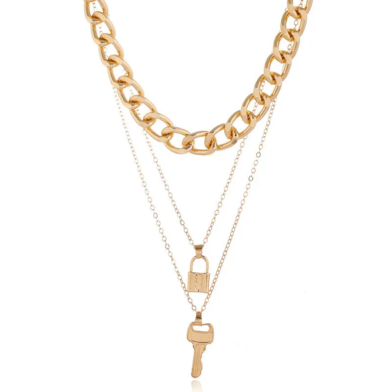 Top sale Metal double chain luxury necklace for women 18K gold plated Eye key lock sweater chain
Top sale Metal double chain luxury necklace for women 18K gold plated Eye key lock sweater chain