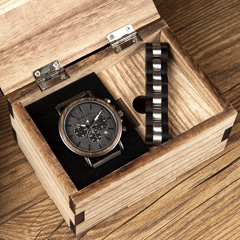 BOBO BIRD fashion oem handmade wood steel chronograph wristwatch with bracelet set for men, 4 colors options
BOBO BIRD fashion oem handmade wood steel chronograph wristwatch with bracelet set for men, 4 colors options