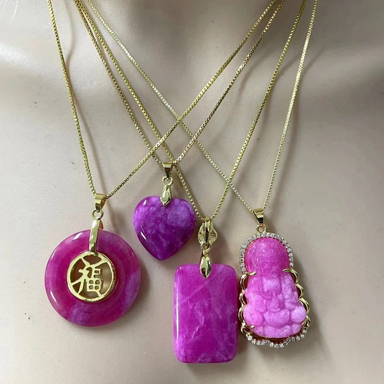 

pink jade gold plated natural jade stone heart female buddha pendant fashion necklace