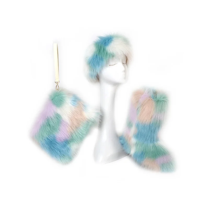 Customizable designed mixed colours three-piece faux fur boots winter suit, Customized color 
Customizable designed mixed colours three-piece faux fur boots winter suit, Customized color