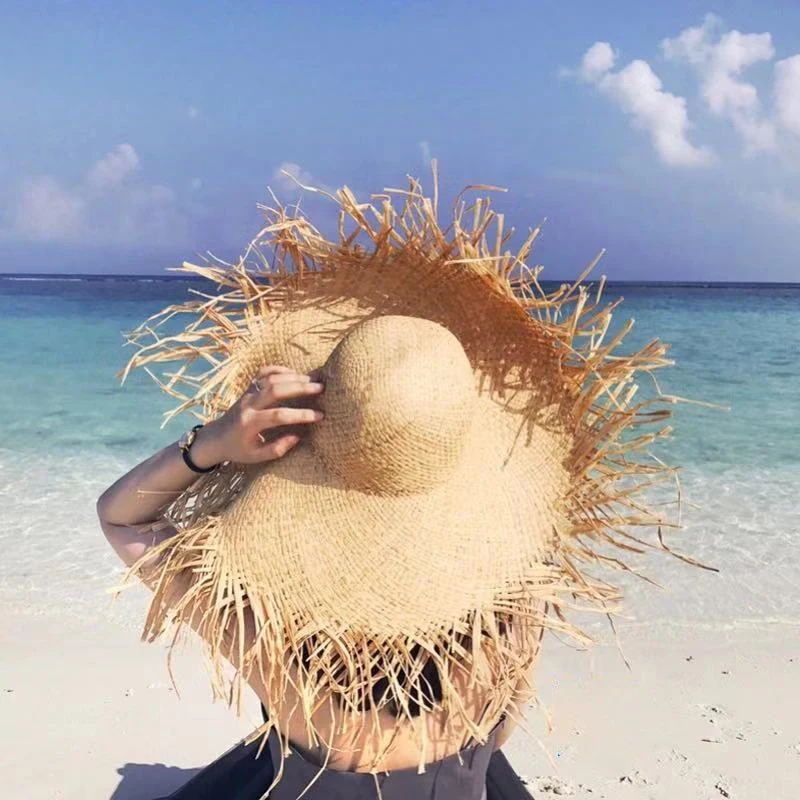 

Natural Large Wide Brim Raffia Straw Hats Woven Circle Fringe Beach Hat Summer Hollow Out Big Straw Hat