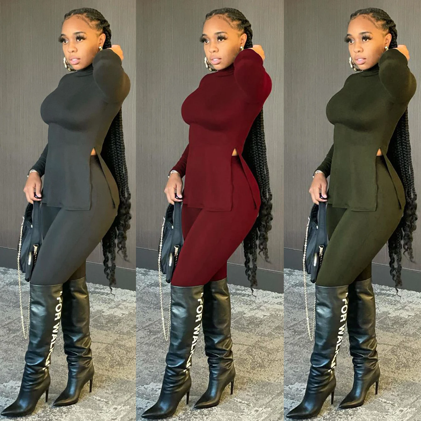 Solid color loose split half high collar knit sexy club wear long sleeve body con two piece pants set women clothing sets
Solid color loose split half high collar knit sexy club wear long sleeve body con two piece pants set women clothing sets