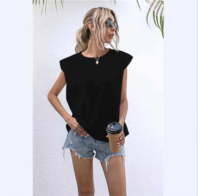 Spring/summer Hot Sale Sleeveless Plain Striped Shoulder Padded T-shirt Women, Picture color
Spring/summer Hot Sale Sleeveless Plain Striped Shoulder Padded T-shirt Women, Picture color