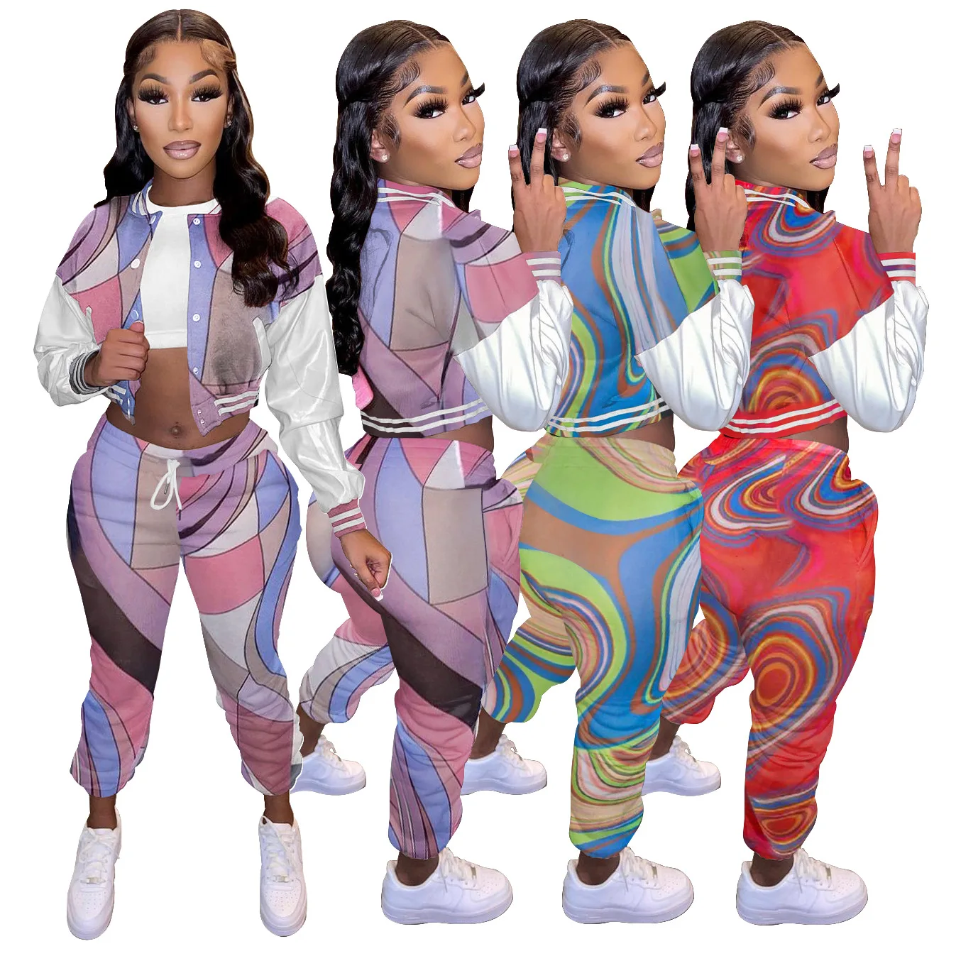 2022 Wholesale Women Long Sleeve Sweatsuit Jogger Baseball Sports Suit Button Design Elastic Printed Two Piece Set, Picture
2022 Wholesale Women Long Sleeve Sweatsuit Jogger Baseball Sports Suit Button Design Elastic Printed Two Piece Set, Picture