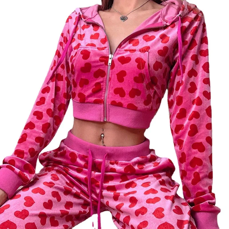 Fall Velvet Cute Y2K Hoodies Women Two Piece Set Zip Up Heart Print Long Sleeve Jackets Cropped Sweatshirts Tops And Pants B1798
Fall Velvet Cute Y2K Hoodies Women Two Piece Set Zip Up Heart Print Long Sleeve Jackets Cropped Sweatshirts Tops And Pants B1798