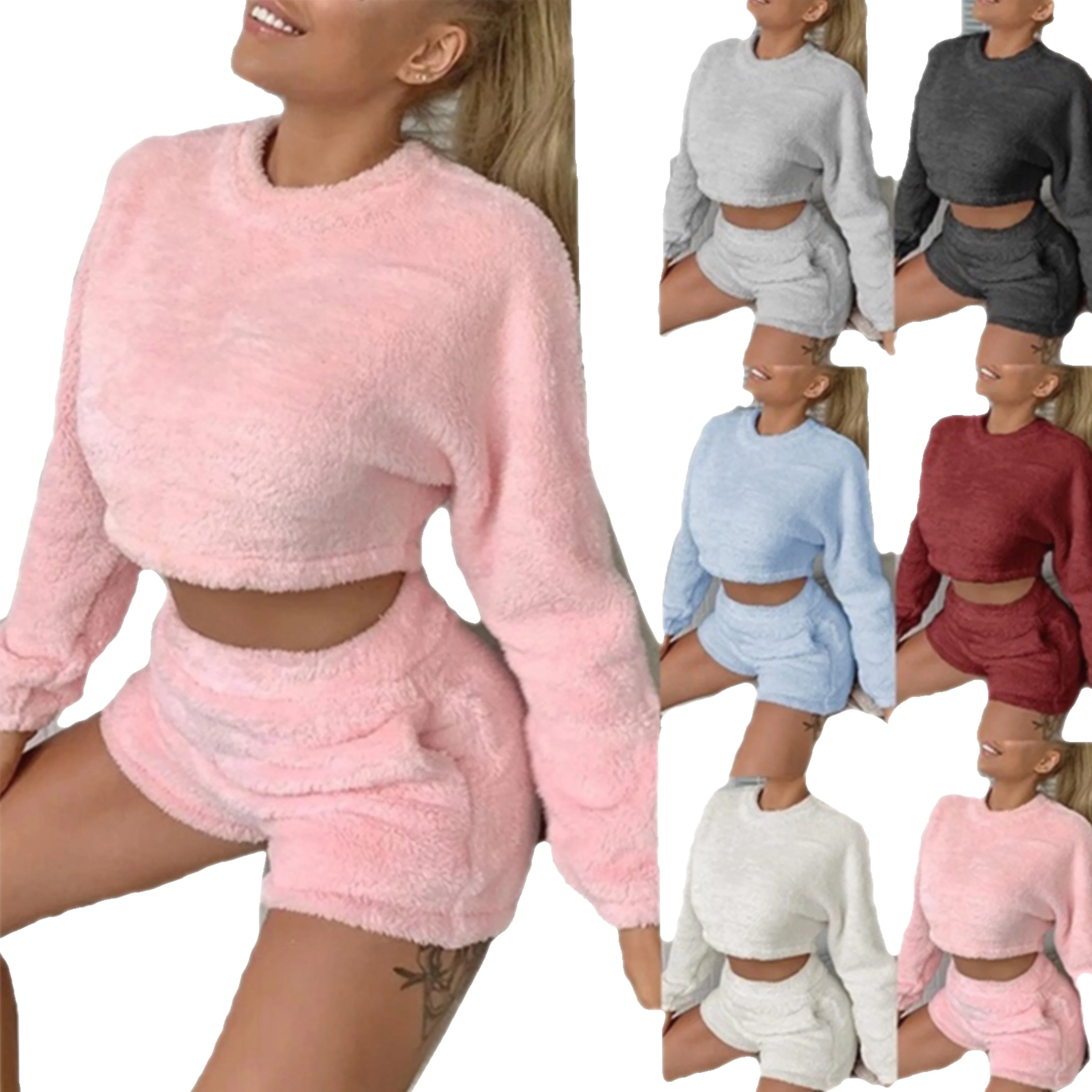 2021 Spring Casual Solid 2pc Shorts Sleepwear Crop Top 2 Piece Loungewear Set Fluffy Pajama For Women, Customized color
2021 Spring Casual Solid 2pc Shorts Sleepwear Crop Top 2 Piece Loungewear Set Fluffy Pajama For Women, Customized color
