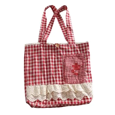Pastoral style organic cotton shopping tote with romantic lace drawstring bag closure
Pastoral style organic cotton shopping tote with romantic lace drawstring bag closure