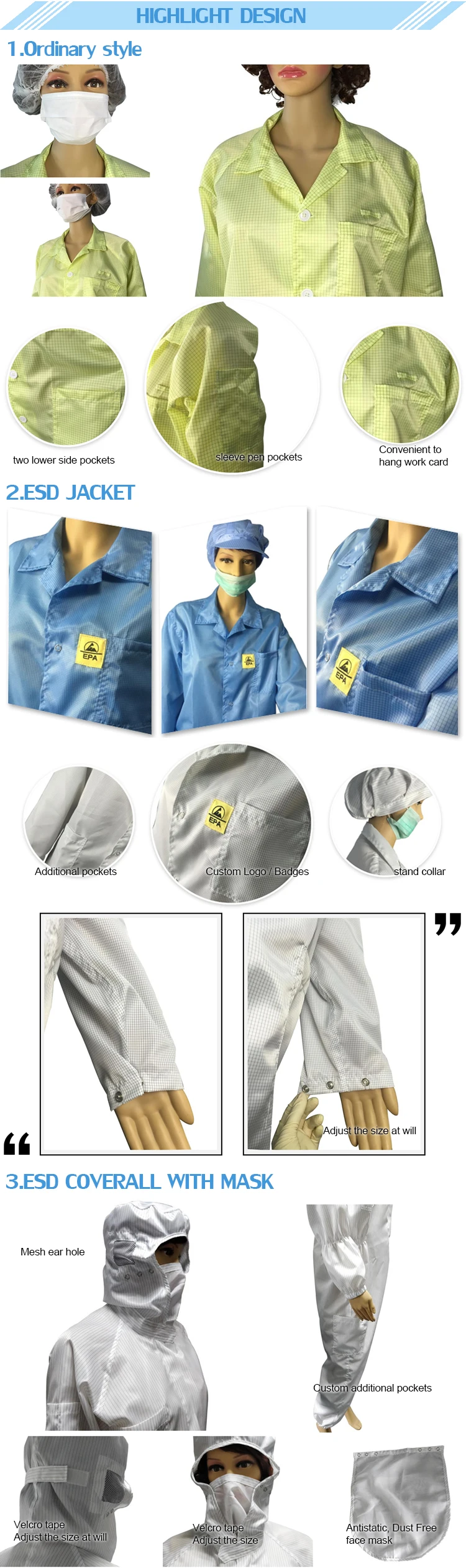 Factory Use Washable Clean Room Anti Static Dust Free Clothing Esd