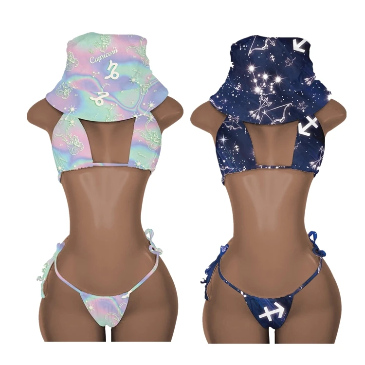 Women's Swimsuit Matched with Bucket Hat Halter Ribbed Tie Dye Zodiac String Bathing Suit Bikini Set, Solid and print design swimwear
Women's Swimsuit Matched with Bucket Hat Halter Ribbed Tie Dye Zodiac String Bathing Suit Bikini Set, Solid and print design swimwear