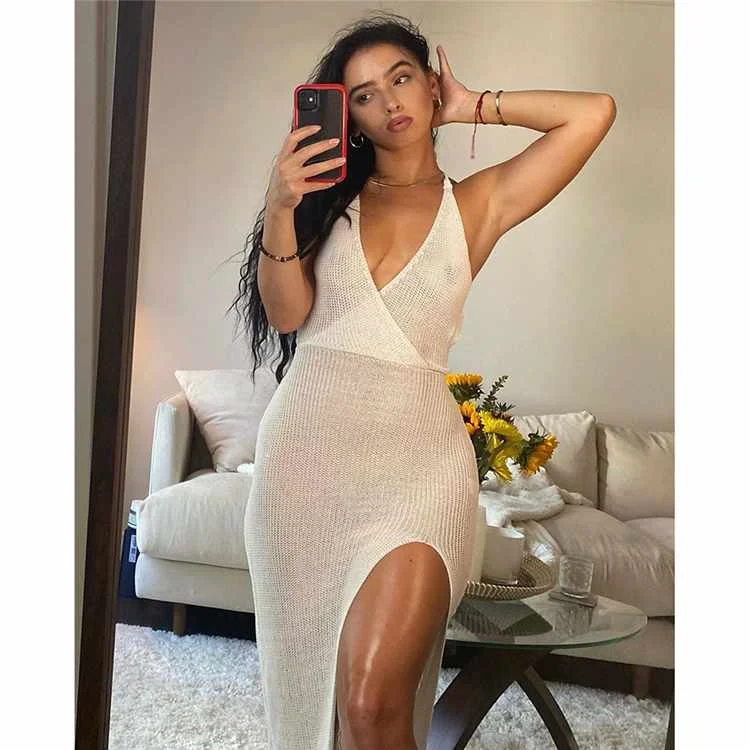 Evening See Through V Neck Split Summer Dress Women Clothing Beach Maxi Backless Dress Sexy
Evening See Through V Neck Split Summer Dress Women Clothing Beach Maxi Backless Dress Sexy
