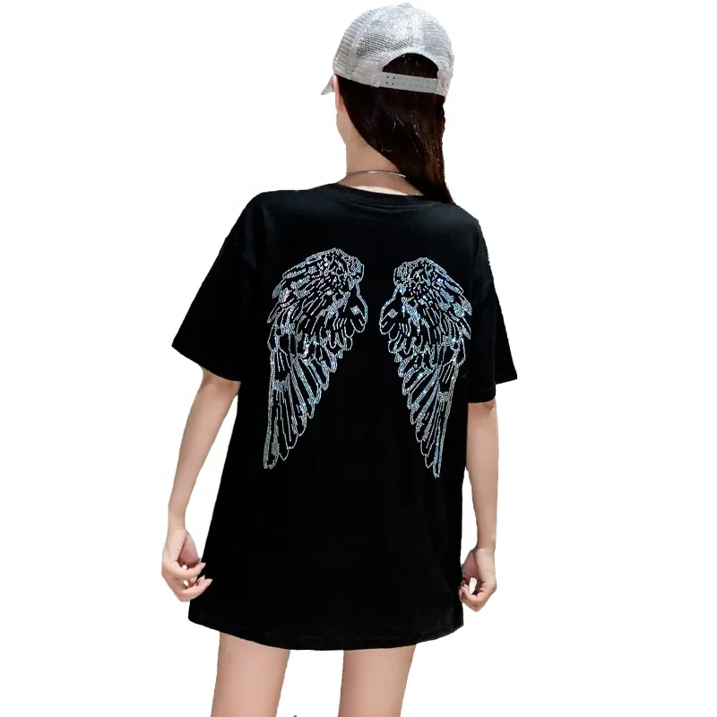 2021 Hot Selling 100% Cotton Angel wings rhinestone print t shirt woman plain Oversized tshirt women Street wear crop top
2021 Hot Selling 100% Cotton Angel wings rhinestone print t shirt woman plain Oversized tshirt women Street wear crop top
