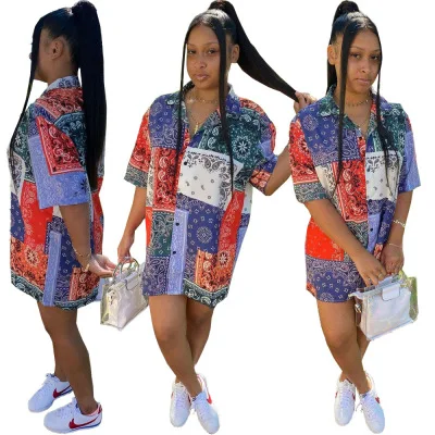 2021 New Fashion Women Print Bandana Shirt Casual Dress Summer Ladies Short Sleeve Patchwork Mini Dress Women Clothing
2021 New Fashion Women Print Bandana Shirt Casual Dress Summer Ladies Short Sleeve Patchwork Mini Dress Women Clothing