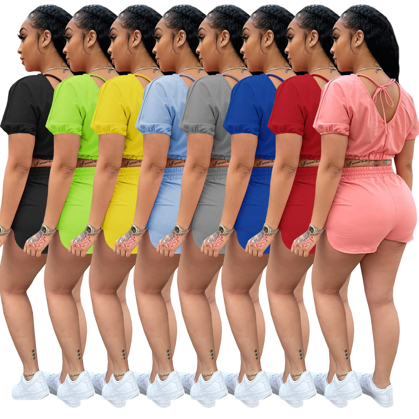 Wholesale Spring Belly Button Strapped Back Short Sleeve Shorts Sets For Women Two Piece
Wholesale Spring Belly Button Strapped Back Short Sleeve Shorts Sets For Women Two Piece
