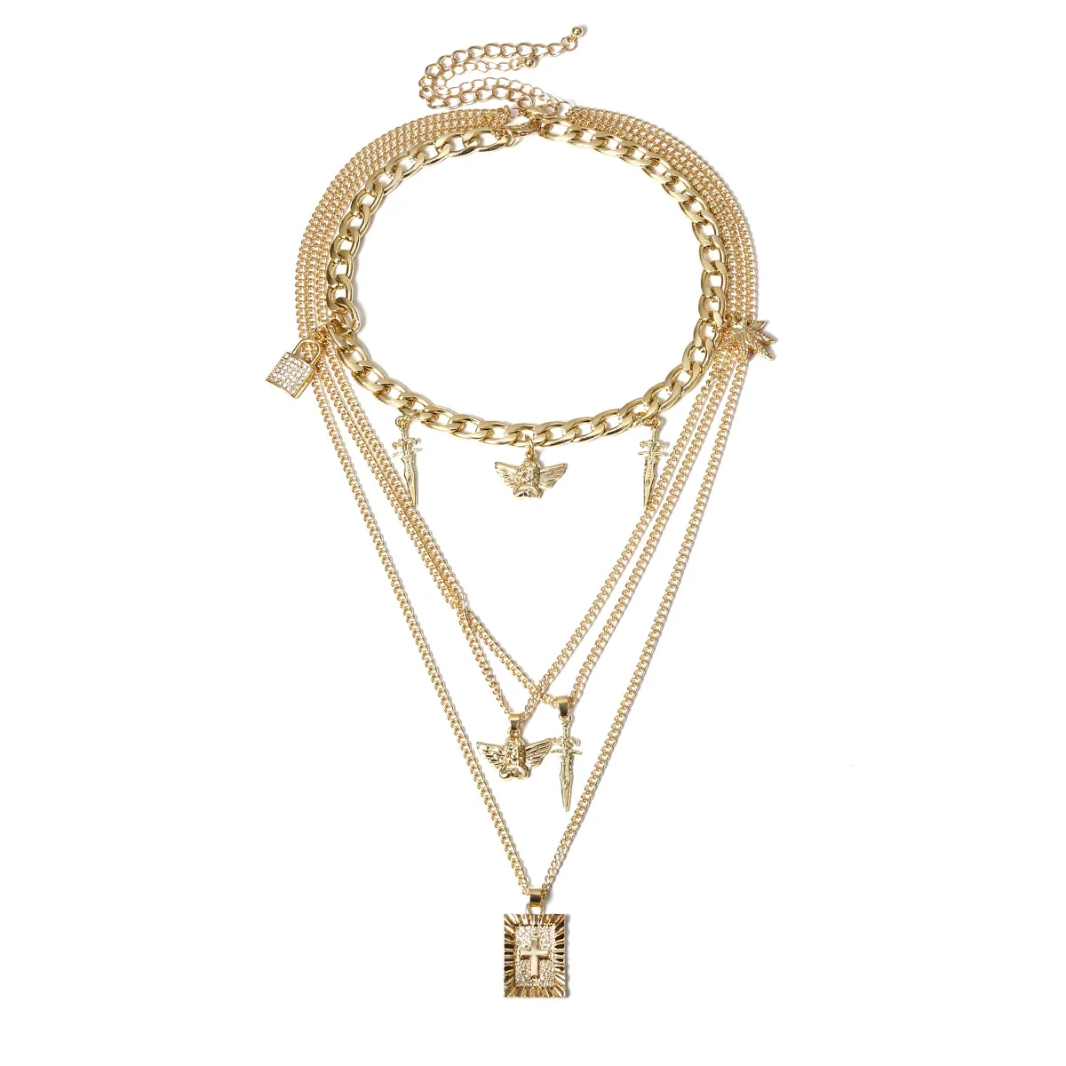 European Punk Jewelry Multi Layered Link Chain Angel Lock Pendant Necklace 14k Gold Plated Cross Necklace For Girls
European Punk Jewelry Multi Layered Link Chain Angel Lock Pendant Necklace 14k Gold Plated Cross Necklace For Girls