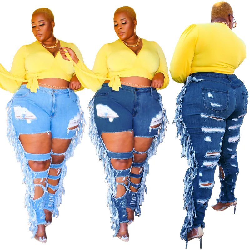 

F22082A 2021 New Arrivals Women's Ripped Plus-Size Jeans 5XL Skinny Street Style Washed Tassels Plus-Size Women Jeans, Blue, pink