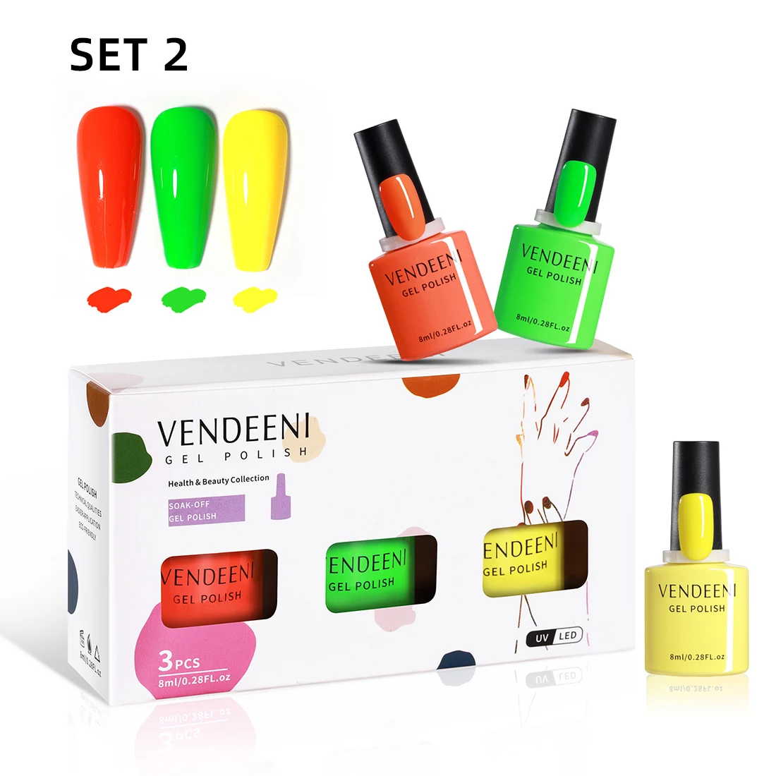 VENDEENI Neon Colors 3pcs set Gel Nail Polish Soak Off UV Gel Polish Nail Oem Custom Logo
VENDEENI Neon Colors 3pcs set Gel Nail Polish Soak Off UV Gel Polish Nail Oem Custom Logo