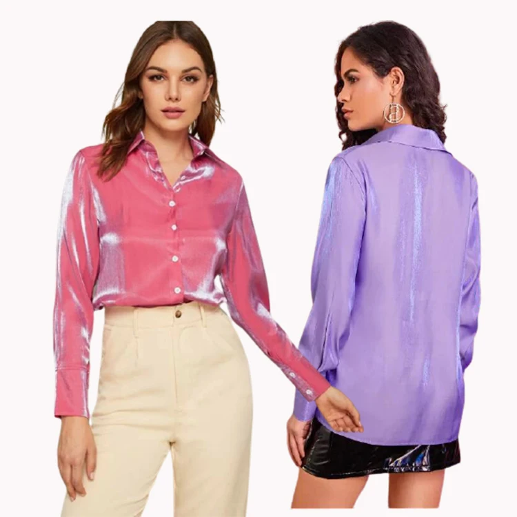 Wholesale latest women casual Elegant shiny sparkle BUTTON satin silk long sleeve solid work office Ladies collar Blouse shirt, 3 color
Wholesale latest women casual Elegant shiny sparkle BUTTON satin silk long sleeve solid work office Ladies collar Blouse shirt, 3 color