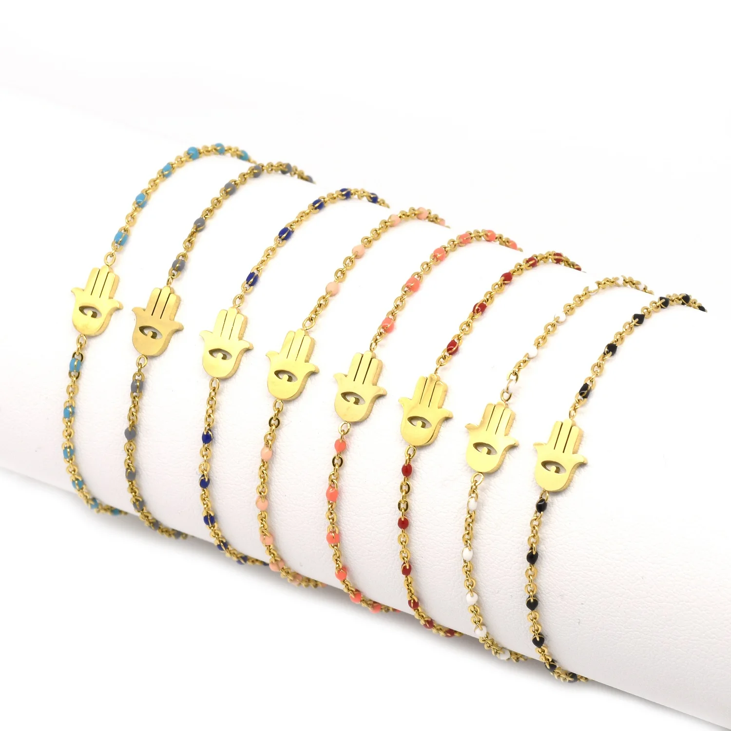 Popular stylish stainless steel hamsa evil enamel gold color clasp eye bracelet for women
Popular stylish stainless steel hamsa evil enamel gold color clasp eye bracelet for women
