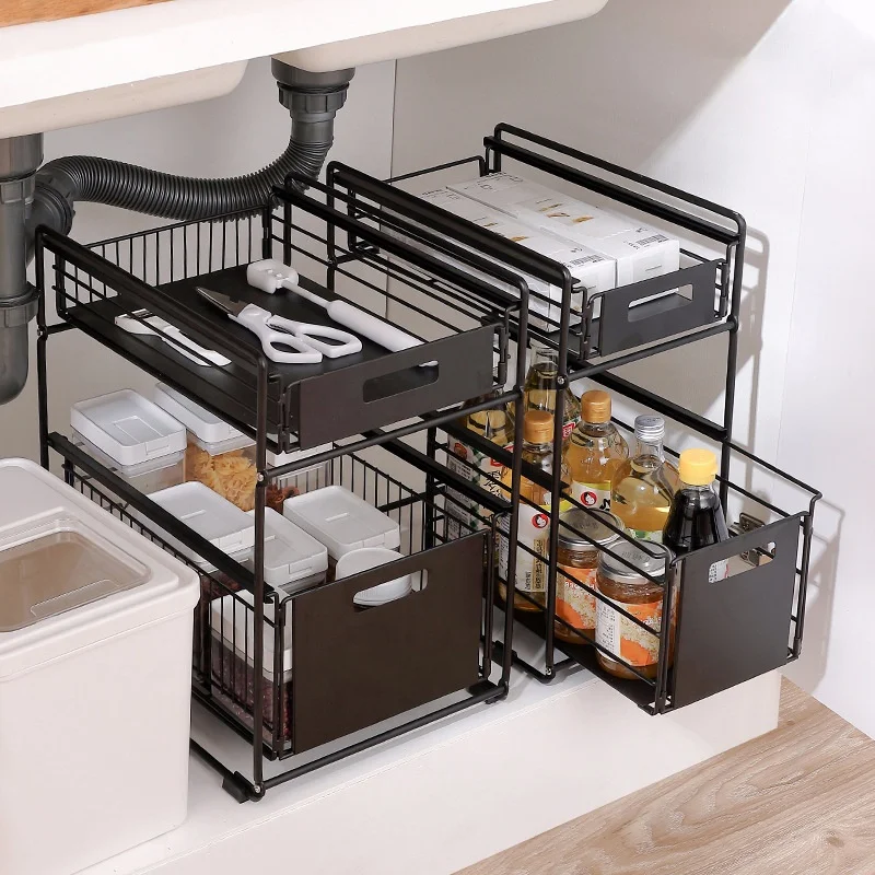 

2-Tier Metal Expandable Under Sink Cabinet Organizer with Sliding Storage Drawer stainless steel kitchen storage shelf rack