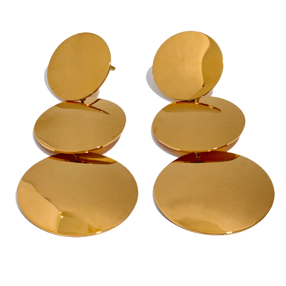 

JINYOU 2536 Waterproof Glossy Smooth Stainless Steel Round Drop Dangle Long Earrings Women 18K Gold PVD Metal Simple Bijoux