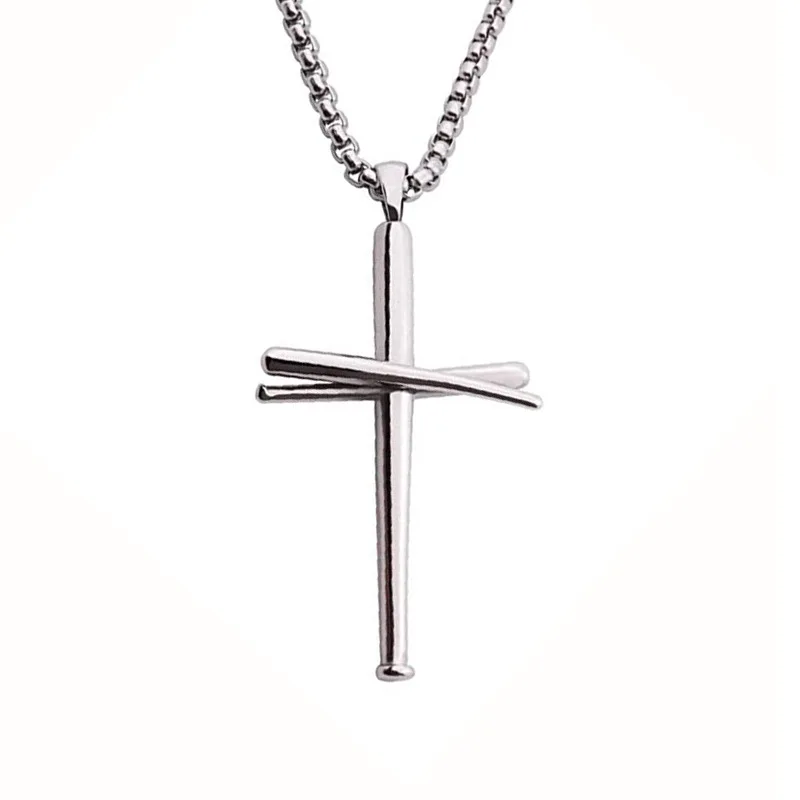 stainless steel sports jewelry baseball bat cross pendant necklace christian religious sports jewelry necklaces