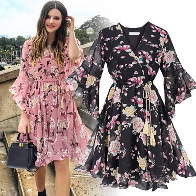 Chiffon High Elastic Waist Party Dress Bow A-line Women Butterfly Sleeve Flower Print Floral Boho Dress Female Vestido Plus Size
Chiffon High Elastic Waist Party Dress Bow A-line Women Butterfly Sleeve Flower Print Floral Boho Dress Female Vestido Plus Size