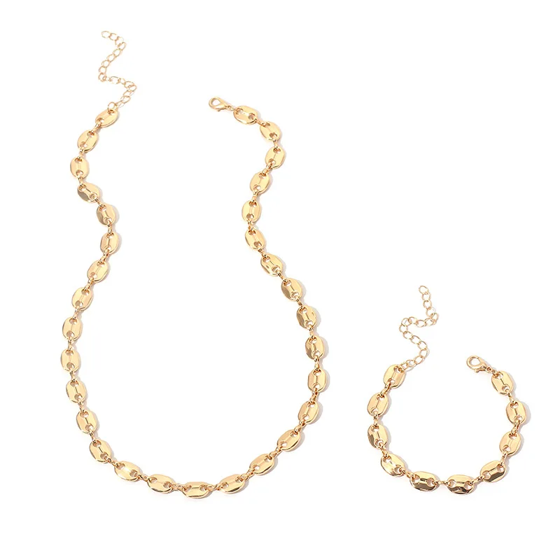 Hot Sale Fashion Lady Gold/Silver Plated Pig Nose Coffee Beans shape Link Chain Necklace and Bracelet Jewelry Set for Women
Hot Sale Fashion Lady Gold/Silver Plated Pig Nose Coffee Beans shape Link Chain Necklace and Bracelet Jewelry Set for Women