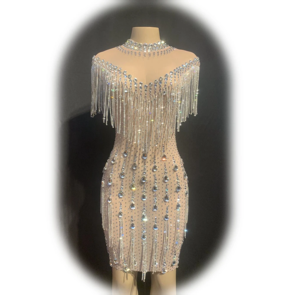 Women Sexy Custom Crystal Stone Tassel Dress See Through Mesh Dance Costumes with Diamond Chain
Women Sexy Custom Crystal Stone Tassel Dress See Through Mesh Dance Costumes with Diamond Chain