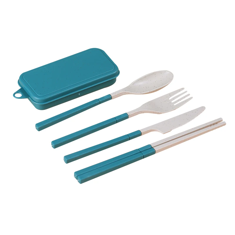 

Folding Flatware Set Chopsticks Fork Knife Spoon 4 Pcs Set Detachable Wheat Straw Cutlery Set, Dark blue/blue/pink/green/orange/dark green/yellow/beige