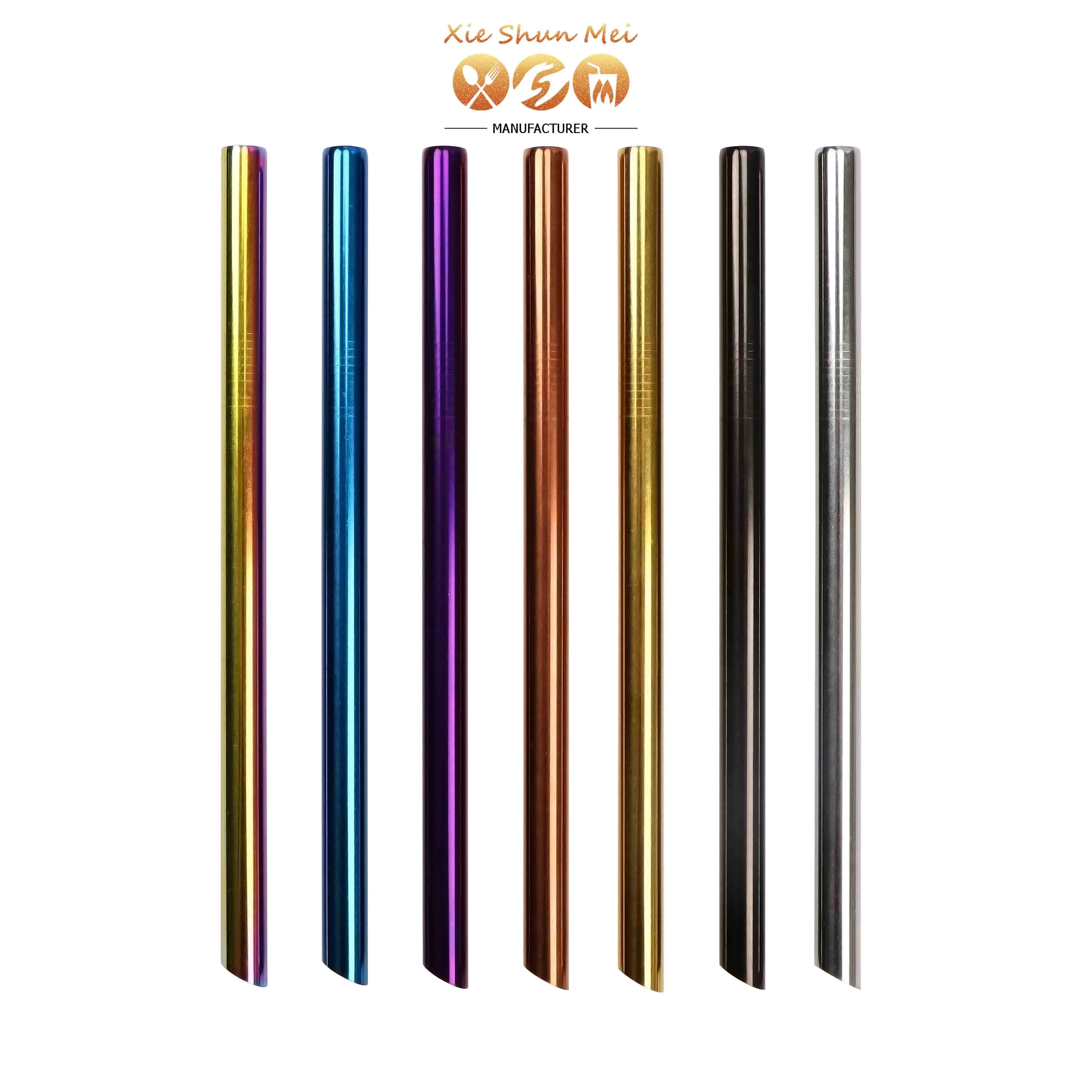 

215*12mm custom Logo Beveled pipe Boba Metal Smoothie reusable Straws Angled Tip bubble tea straw with oblique incisions, Silver/gold/rose gold/rainbow/black/blue/purple