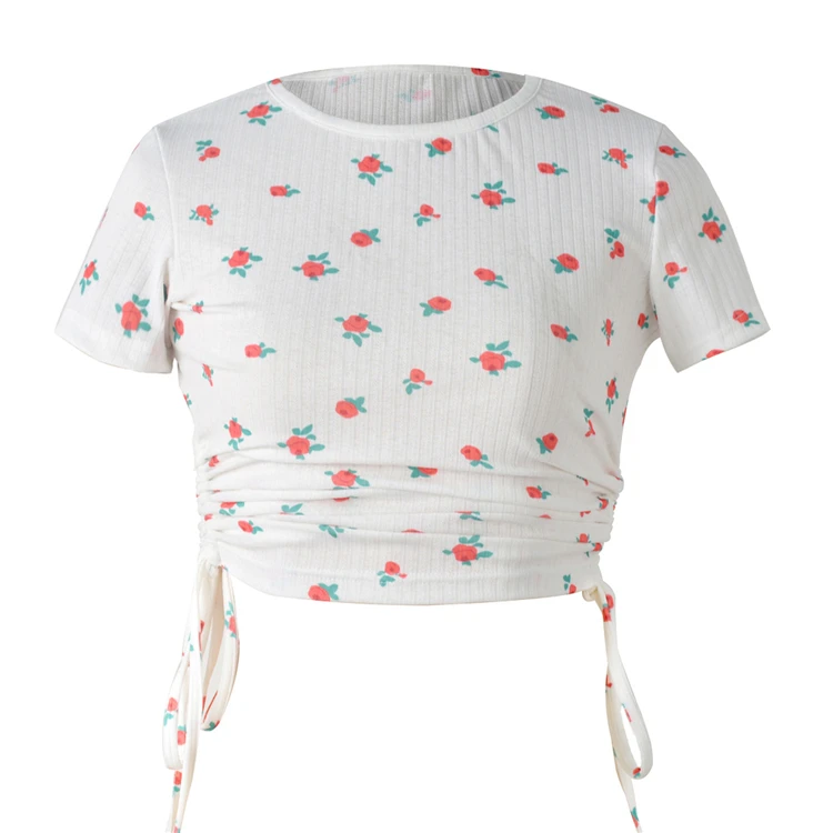 Hot Sale Style Floral Printed Short-sleeved T-shirt Drawstring Cropped Round Neck Casual Women Tops, White
Hot Sale Style Floral Printed Short-sleeved T-shirt Drawstring Cropped Round Neck Casual Women Tops, White
