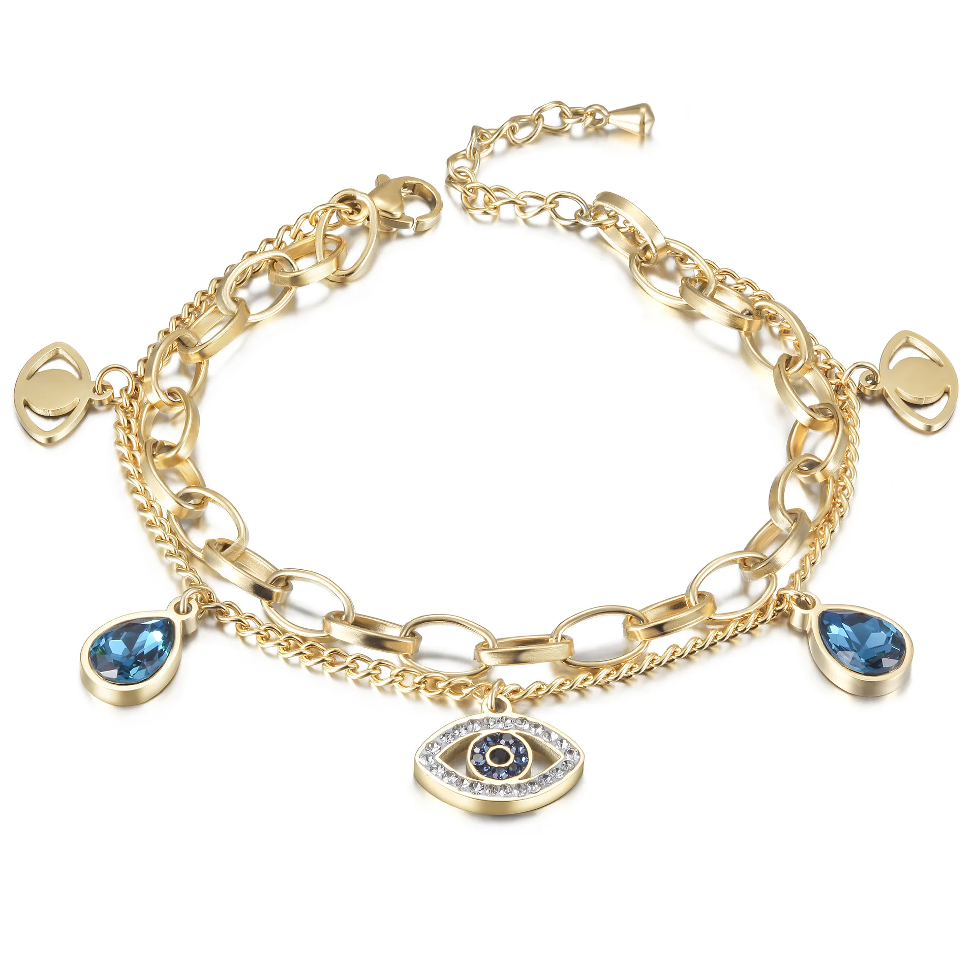Multi layer gold plated stainless steel rhinestone evil eye pendant bracelet for woman
Multi layer gold plated stainless steel rhinestone evil eye pendant bracelet for woman